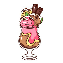 Groovy cartoon ice cream scoops with chocolate chips and mint leaves. Funny retro colorful balls in glass cup, sweet milk dessert mascot, cartoon sundae sticker of 70s 80s style vector illustration