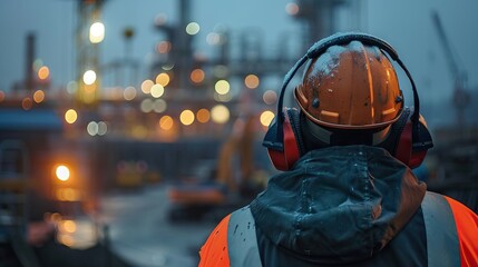 A worker wearing a safety helmet and headphones. AI generated illustration - obrazy, fototapety, plakaty