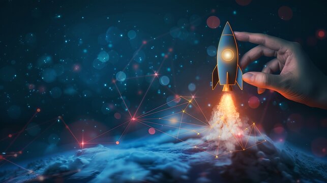 Conceptual capture of a hand launching a miniature rocket. Creativity and innovation in a digital illustration. Futuristic space exploration theme with a whimsical touch. AI