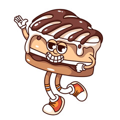 Groovy chocolate cake slice cartoon character running with funky smile to greet. Funny retro piece of sweet dessert waving, confectionery mascot, cartoon sticker of 70s 80s style vector illustration