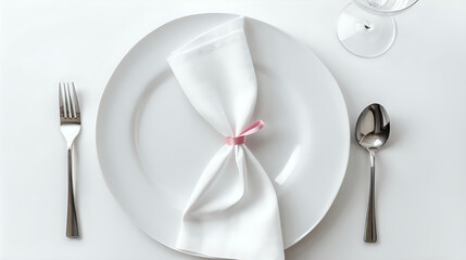 an elegant table setting with a white plate, a neatly folded napkin tied with a pink ribbon, and silver cutlery, all arranged on a white surface with a wine glass in the background - Powered by Adobe