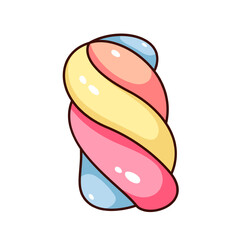 Groovy cartoon twisted spiral gummy candy. Funny retro marshmallow with color swirls, colorful sweet dessert of confectionery mascot, cartoon cute candy sticker of 70s 80s style vector illustration
