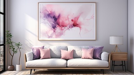 A white couch with pink pillows sits in front of a large framed painting. The painting is abstract...