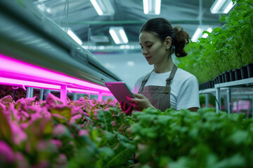 girl with a tablet in a modern greenhouse, growing crops