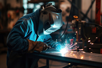 worker welder in a factory, uses a welding machine