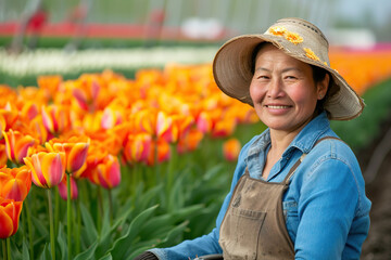 female worker takes care of flowers in a flower greenhouse