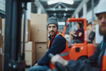 forklift operator in warehouse.