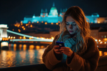 a young girl holds a smartphone in her hands against the background of the lights of the night city