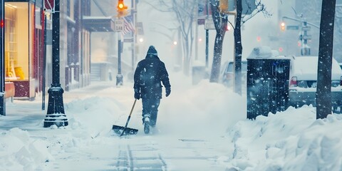 Man shoveling snow on a city sidewalk during a blizzard with space for text . Concept Winter, Cityscape, Snowstorm, Weather, Working - obrazy, fototapety, plakaty