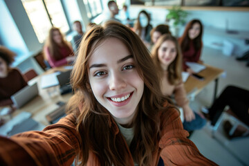 girl student, selfie against the background of colleagues