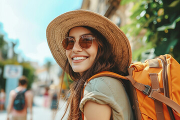 girl tourist with a backpack in a hat and sunglasses against the background of the streets