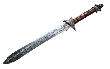 A wooden-handled sword standing against a white backdrop