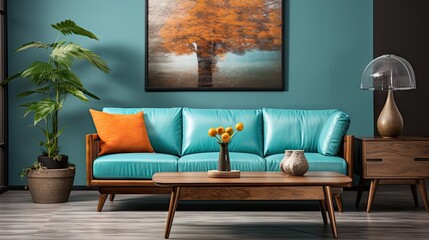 A blue couch with a yellow pillow sits in front of a large picture of a tree. The room is decorated in a modern style with a blue wall