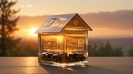 A transparent piggy bank in the shape of a house, filled with coins, is illuminated by the warm glow of a sunset in the background