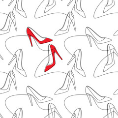 Hand drawn seamless pattern vector. High heel shoe line continuous drawing. Red pumps white background. Fashion print, shop banner, doodle, abstract wallpaper, cartoon backdrop.