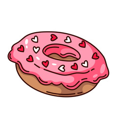 Groovy cartoon donut in pink glaze with candy hearts. Funny retro delicious glazed round doughnut cake, sweet dessert mascot, cartoon unhealthy donut sticker of 70s 80s style vector illustration