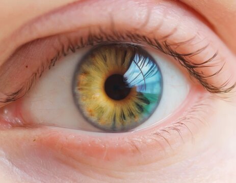 A macro shot showcasing the intricate details and vibrant colors of a human eye's iris, reflecting a subtle glimpse of the environment.