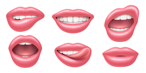 Natural nude lips. Pink female mouth, tongue and white teeth. Smiling and different expressions, beauty cosmetic, gloss and lipstick. Beautiful young girl. Realistic isolated vector set