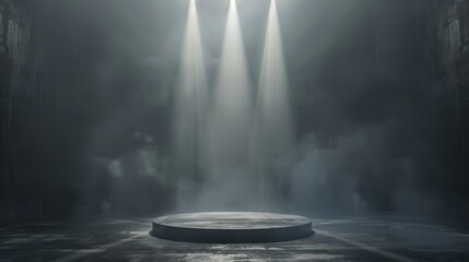 Mysterious stage with dramatic lighting in a dark foggy room. Perfect for concept art, mystery scenes. Atmospheric and evocative. AI - obrazy, fototapety, plakaty