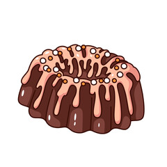 Groovy cartoon Bundt cake with donut shape. Funny retro pound chocolate cake with icing and candy sprinkles, sweet dessert of confectionery mascot, cartoon sticker of 70s 80s style vector illustration