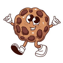 Groovy cookie with chocolate chips cartoon character walking with smile. Funny retro round cereal cookie with happy face, sweet dessert mascot, cartoon sticker of 70s 80s style vector illustration