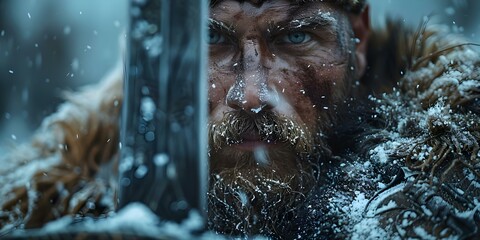 Viking Warrior in Winter Landscape: Charging with Sword. Concept Fantasy Portraits, Winter Landscapes, Scandinavian Warriors, Action Poses, Historical Costumes