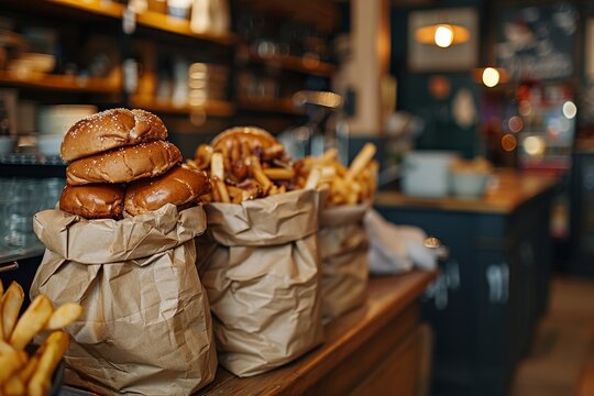 Bags of unappetizing burgers and fries, symbolizing excess and food waste.
Concept: Problems of food waste and the possibility of donating excess food.