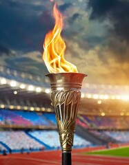  Flame burns in Olympic torch against blurred sports arena