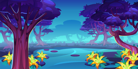 Magic trees background. Ui game location design, fantasy forest landscape, fairytale trees, strange beautiful flora. Mystical alien panorama. Dangerous woodland. Tidy vector cartoon concept