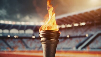  Flame burns in Olympic torch against blurred sports arena