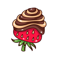 Groovy cartoon chocolate covered fresh strawberry. Funny retro red berry with chocolate and icing swirls, romantic sweet fondue dessert mascot, cartoon sticker of 70s 80s style vector illustration