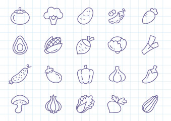Kawaii vegetable icon set. Collection of cute hand drawn vegetable stickers isolated on a checkered background. Vector 10 EPS.