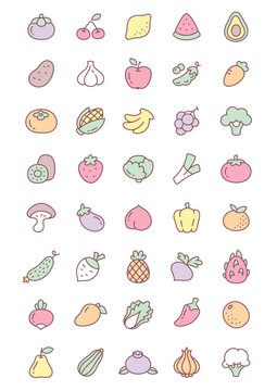 Naklejki Kawaii food icon set. Collection of cute hand drawn fruit and vegetable stickers isolated on a white background. Vector 10 EPS.