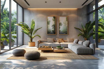 Abundantly Furnished Living Room With Lush Plants - obrazy, fototapety, plakaty