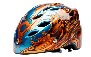 A motorcycle helmet intricately painted with a vibrant, colorful design