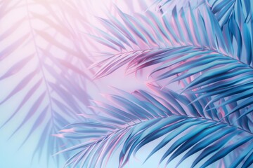 Palm leaves, summer background with gradient color, pastel blue and pink colors, tropical leaf pattern Generative AI - obrazy, fototapety, plakaty