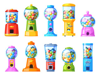 Gumballs vending machines. Colorful cartoon dispensers with round chewing candies, full sweets retro robots, different shapes containers, bubblegum capsules, , vector isolated set