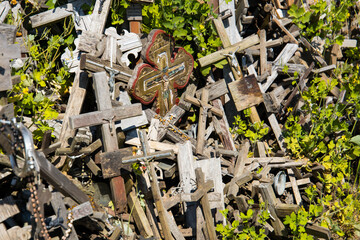 Wooden crosses at the Hill of Crosses pilgrimage destination in Šiauliai, Lithuania