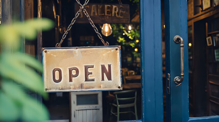 An inviting vintage 'OPEN' sign hangs on the entrance of a cozy establishment with a blue door, signaling a welcoming atmosphere
