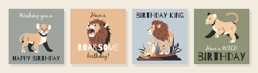 Funny lions cards. Boys birthday posters, greeting labels, cute text, party invitations design, t-shirt print, cubs with father, jungle animals, cartoon flat isolated tidy vector set
