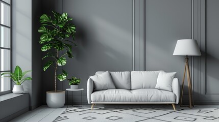minimalistic interior with sofa and floor lamp