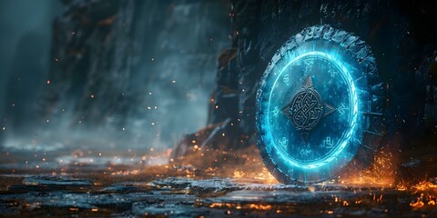 Enchanted Viking Shield: Blue Glowing Runes on Black Background. Concept Fantasy, Viking, Props, Enchanted, Photography - obrazy, fototapety, plakaty