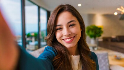 Selfie picture of a happy young pretty millennial woman smiling at the camera in the living room in a modern home