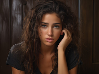 a beautiful woman with a sad expression, touching her face, with wavy hair