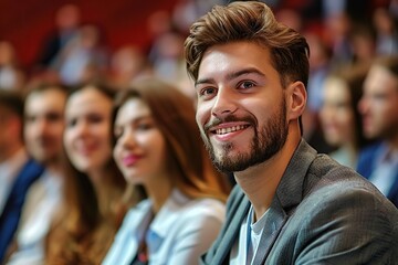 Obraz premium Diverse Group of Entrepreneurs Engrossed in a Business Seminar, Exchanging Ideas and Strategies for Success in a Conference Hall