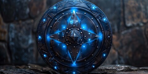 Enchanted Viking Shield with Blue Glowing Design on Black Background: A Magical and Powerful War Gear. Concept Fantasy, Vikings, Glow in the Dark, Enchantment, Battle Gear - obrazy, fototapety, plakaty