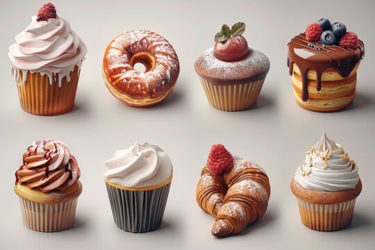 Icon set of sweet food 3D realistic renders. Cake, donut, croissant, cupcake, ice cream, chocolate, ice cream, croissant, cupcake, croissant, cupcake.