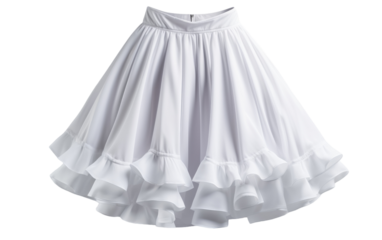 A woman wearing a white skirt with ruffles on the bottom, exuding grace and sophistication