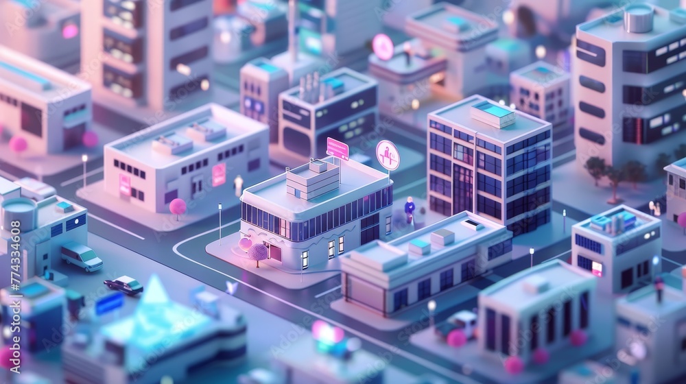 Poster a cityscape with a large building in the middle with a sign on it that says 