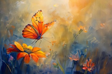 Obraz na płótnie Canvas Impressionistic Oil Painting of a Butterfly on a Daisy
